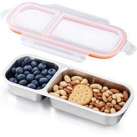 Ugotit Snack Containers, Reusable Leakproof Stainless Steel Food Storage Containers with Lids, 2 Compartment Snackle Box Organizer, Dishwasher Safe for Meal Prep, Dips, Nuts (24zo, Orange)