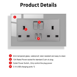 JIMEIDA Grey Double Switched Power Socket 2 Pack with USB A Charging Ports Crystal Glass Panel Wall Outlet 13 Amp Electric Socket