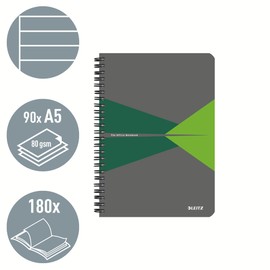 Leitz Office College Pad - A5 Lined Notebook with PP Cover, Spiral Binding, 360 Degree Opening, 180 Pages / 90 Sheets of FSC-Certified Paper (80 g/m²), For Office & School, Green, 44991055