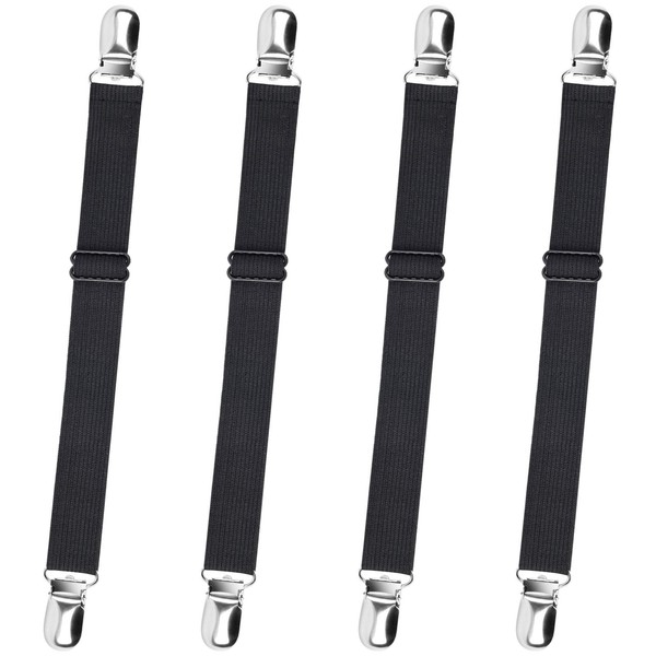 Sopito Bed Sheet Straps, 4 Pieces Adjustable Bed Sheet Holders, Bed Sheet Gripper, Braces for Mattresses, Fitted Sheets, Flat Sheets, Black