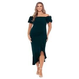 Xscape Women's Off The Shoulder Ruffle Sleeve Midi Wedding Guest Cocktail Dress, Pine, 18