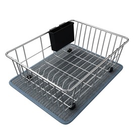 DOLRIS Dish Drying Rack, Dish Drainer for Kitchen Counter, SUS304 Stainless Steel Dish Rack with Utensil Holder and Dish Drying Mat, Black