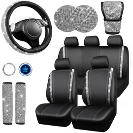 CAR PASS Leather Diamond Bling Seat Covers Full Sets 16 pcs, Bling Car Accessories Set for Women, Sparkly Rhinestone Steering Wheel Cover, Glitter Cute Car Interior Sets for Women Girl, Silver Diamond