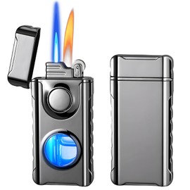 Torch Lighter, Creative Dual Flame Lighter with 6pcs Flint Stone, Windproof Lighter with Visible Fuel Tank, Adjustable Soft Flame and Jet Flame 2 in1,Refillable Butane Lighter for Gifts Men-Ice Black