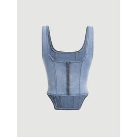 Verdusa Women's Zip Up Back Asymmetrical Scoop Neck Sleeveless Crop Tank Top Blue XS
