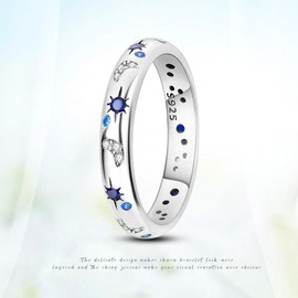 TINSLO 925 Sterling Silver Ring Moon Star Ring as Gifts for Women Colorful Cubic Zirconia Crown Ring Stackable Vintage Set Size 6-9