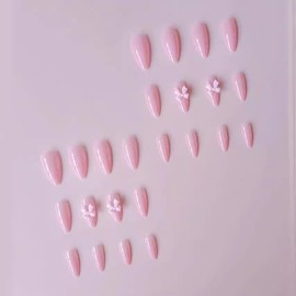 Nude Pink Gradient Press on Nails Medium Almond Fake Nails Pink False Nails with 3D Bow Charms Design Acrylic Nails Glossy Glue on Nails Full Cover Stick on Nails for Women Manicure Art 24Pcs