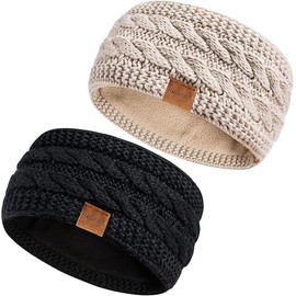 Hatromm Winter Headbands for Women Wool 2 Pack, Ear Warmers for Women Headband Knit Thick Fleece Lined(Black+Beige)