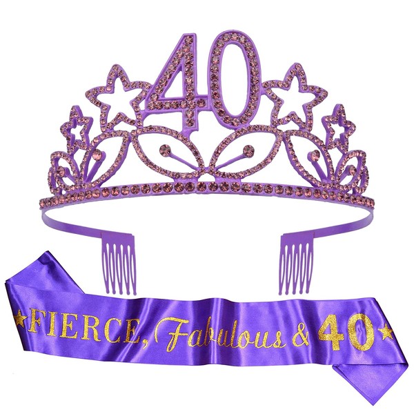 40th Birthday Gifts for Woman, 40th Birthday Tiara and Sash Purple