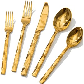 KINGSTONE Gold Silverware Set, Luxury 20 Piece Flatware Set for 4, 18/10 Stainless Steel Cutlery Set with Diamond Cut Pattern for Kitchen, Home, Wedding, Party, Mirror Polished and Dishwasher Safe