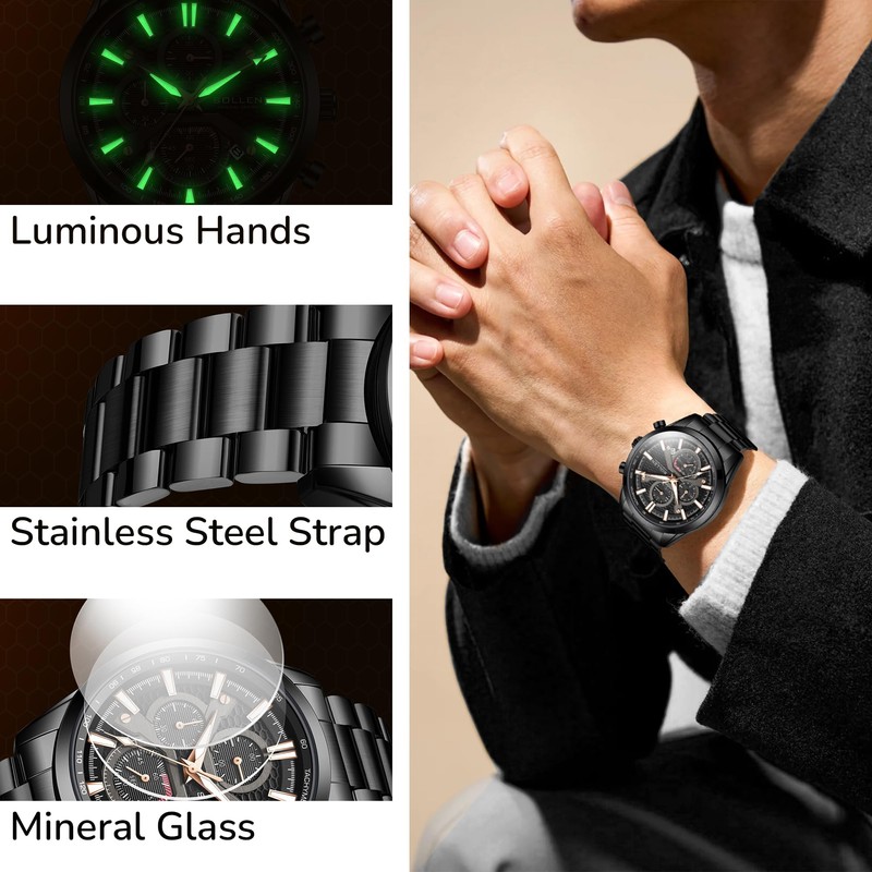 Black Men's Chronograph Watches, Classic Luxury Dress Analog Quartz Watch