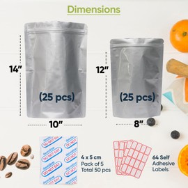 50 Mylar Bags for Food Storage - 0.5 and 1 Gallon Mylar Bags with Oxygen Absorbers 400cc - 9.4 Mil Extra Thick, Ziplock Resealable, Long Term Food Storage Bags