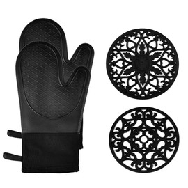 Domonic Home Oven Mitts and Pot Holders Sets, Silicone Oven Mitts Heat Resistant 600F, Soft Lining Good Grip Oven Mitts Sets, Oven Gloves and Silicone Trivet 4-Piece Set,Black