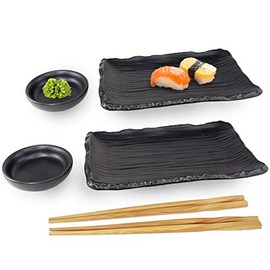 Happy Sale, 6 Piece Japanese Style Sushi Plate Dinnerware Set (Black)
