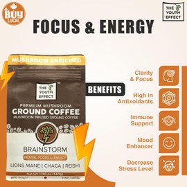 The Youth Effect Canadian Mushroom Coffee – Boost productivity and immunity with organic Lion's Mane, Chaga, and Cordyceps mushrooms.