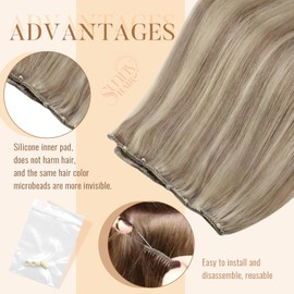 Sunny Hair Beaded Weft Hair Extensions Real Human Hair Blonde Micro Bead Hair Extensions Straight Weft Hair Extensions with Micro Beads Easy Weft Golden Blonde with Light Blonde 18 inch