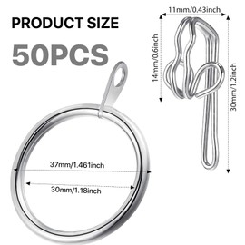 YUNYODA 50 Pack Curtain Rings and Hooks, Internal Diameter 30mm Metal Curtain Rings Drapery Curtain Hanging Rings with Curtain Hooks, Curtain Drapery Pole Rod Rings for Curtains and Rods