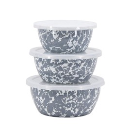 Golden Rabbit Enamelware - Grey Swirl Pattern - Set of 3 Storage Bowls with Lids