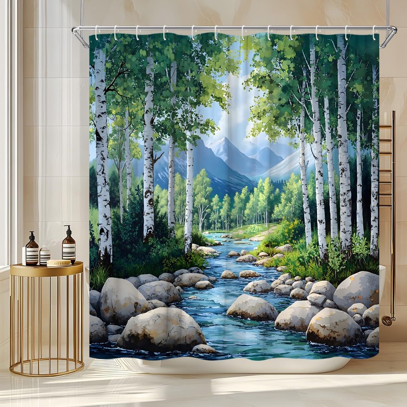 WUASDCS Nature Forest Stream Shower Curtain Spring Birch Trees Mountain
