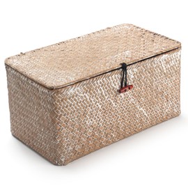 DOKOT Seagrass Storage Baskets with Lid Natural Rattan Woven Rectangular Organizer Box (Whitewash Medium 30cmx18cmx15cm H)
