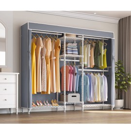 VIPEK V6C Heavy Duty Covered Clothes Rack Portable Wardrobe Closet, 5 Tiers Wire Garment Rack White Metal Clothing Rack with Grey Oxford Fabric Cover, 75.6" L x 18.5" W x 76.4" H, Max Load 870 LBS