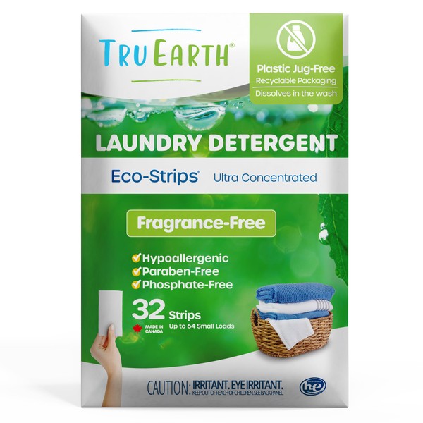 Tru Earth Laundry Detergent Sheets - Up to 64 Loads (32 Sheets) - No Plastic Jug - Original Eco-Strip Liquidless Laundry Detergent - Fragrance Free
