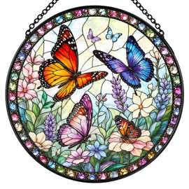 Butterfly Suncatcher - Painted Stained Glass Window Hangings, Vibrant Sun Catcher Indoor Decor, Memorial, Sympathy, Birthday for Mom, Grandma, Sister, Women (7.8")