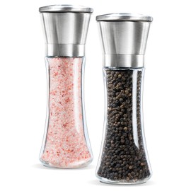 Levav Premium Salt and Pepper Grinder Set of 2- Brushed Stainless Steel Pepper Mill and Salt Mil, Glass Body, Size Grade adjustable ceramic rotor-salt and pepper shakers (tall)
