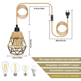 E27 Retro Pendant Light with Switch, Industrial Pendant Lamp with Plug, Modern Lamp Holder, E27 Pendant Light Kit with 510 cm Cable, Vintage Pendant Lamp with Plug and Metal Lampshade for Kitchen
