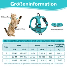 Grantop Adjustable Cat Harness, Escape-Proof Cat Harness with Lead Set, Soft Harness for Cats, Kittens, Dogs, Puppies, Blue Lake, S