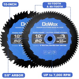 DOWOX 10-Inch 50-Tooth Combination Saw Blade and 80-Tooth Fine Finish Saw Blade, Carbide-Tipped Woodworking Blade Set for Table Saws and Miter Saws, Two Pack