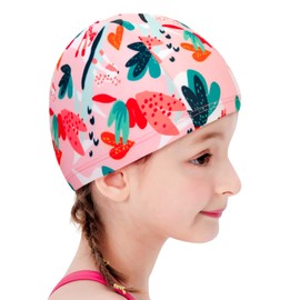 Swim Cap Kids Swimming Cap Girls Swimming Cap Hair Stay Dry Elastic 3D Swim Hat Elementary School Junior 2-8 Years Old Girls Swimming Practice Water Play Fitness Competition Cap Pool Hat 45-55cm Pink