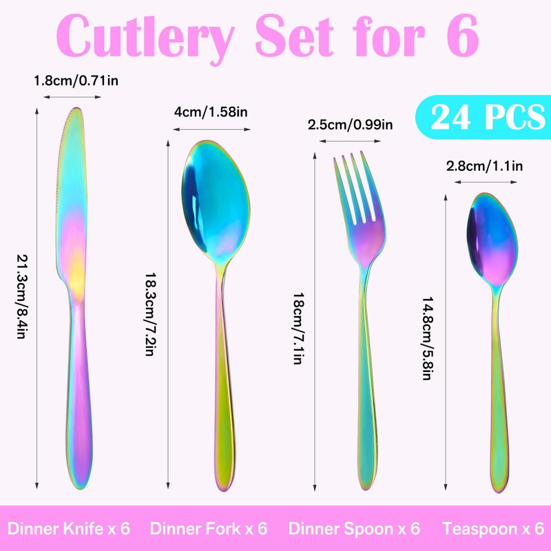 RETON 24 Piece Rainbow Silverware Set, Stainless Steel Flatware Set