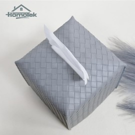 HOMOTEK 2 Pack Tissue Box Cover,PU Leather Tissue Holder,Square Decorative Facial Tissue Cube Paper Organizer Dispenser for Bathroom, Night Stands, Desk, Car 5X5X5'' - Woven Waffle,Light Gray