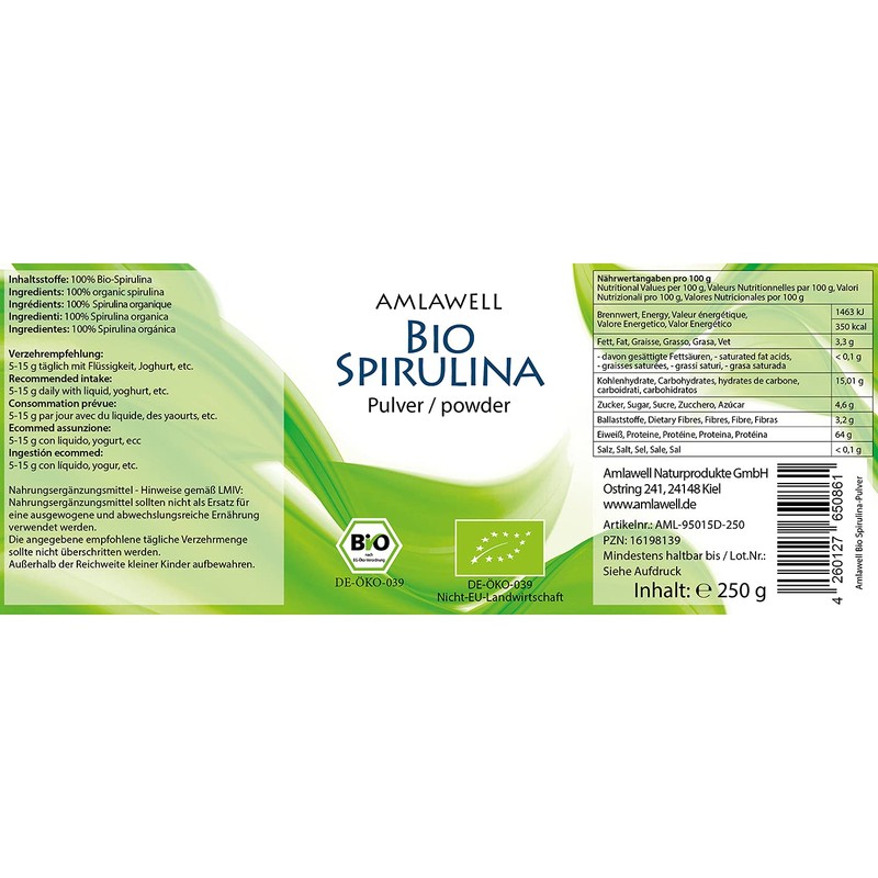 Amlawell Certified Organic Spirulina Powder 250g/DE 039
