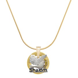 Delight Jewelry Silvertone Shalom with Dove - Custom Goldtone Message Ring Necklace, 18"