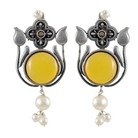 Siddhatva Indian Brass Designer Ethnic Monalisa Stone Traditional Silver Oxidized Boho Small Drop Dangle Jhumka Earrings Jewelry Women, Metal, No Gemstone, YELLOW