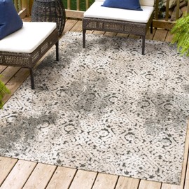 JONATHAN Y SBH110A-4 Duenas High-Low Shabby Damask Indoor/Outdoor Area Rug, Shabby Chic, Mid-Century, Rustic, Backyard, Patio, Porch, Easy-Cleaning, Non-Shedding, 4 X 6, Cream/Beige/Dark Gray