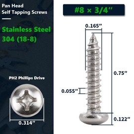 #8 x 3/4" (100 Pack) Stainless Steel Phillips Pan Head Wood Screws, Stainless Steel 304 (18-8), Pan Head Sheet Metal Screws Self Tapping for Wood