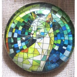 NEW LRG GLASS DOME PICTURE BUTTON OF A "STAINED GLASS" YELLOW CAT ON BLUE   30mm