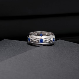 SweetJew Mens 925 Sterling Silver Wedding Band Pave Sapphire Princess Cut Blue Gemstone Engagement Ring For Him Size 7-14, Gemstone, Sapphire