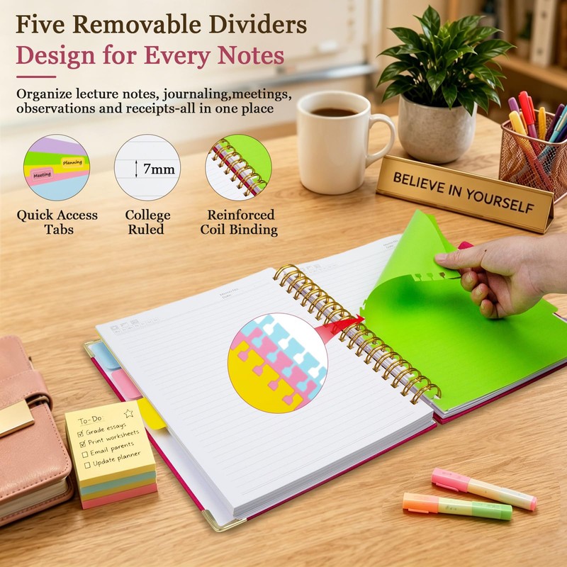 Spiral Notebook Journal 8''x 10'' 5 Subject Notebook with Dividers,