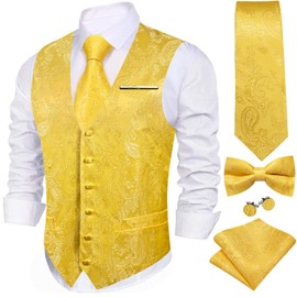YOHOWA Men's 6-Piece Waistcoat Set with Tie Pocket Square Cufflinks and Pin Paisley Flower V-Neck in Silk Perfect for Formal or Casual Occasions