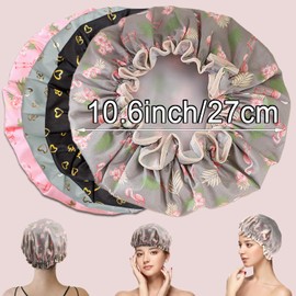 Double Layer Shower Cap for Women, Elastic Band Reusable Shower Cap for Hair, Waterproof Plastic Shower Cap with Ruffles Covering Ears, Suitable for Long, Short and Curly Hair (Grey Flamingo)
