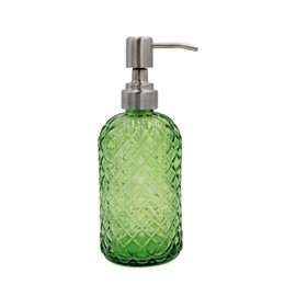 SDlumeiy 16 oz Diamond Pattern Glass Soap Dispenser, Kitchen and Bathroom Refillable Soap Dispenser with Rust Resistant Stainless Steel Pump for Hand Soap, Lotion Glass Liquid Dispenser(Green)
