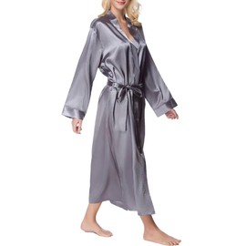 Lavenderi Women's Long Classic Satin Kimono Lounge Bathrobe Robe(M,Silver Grey)