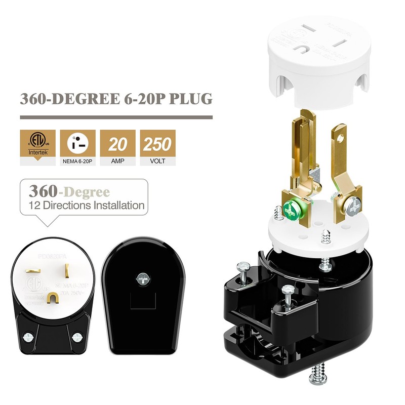 USA 3-Prong Male AC Plug, Right Angle ETL Nema 6-20P