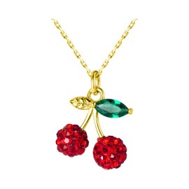IMINI Cute Red Cherry Pendant Necklace for Women Girls 925 Sterling Silver Cubic Zirconia Paved Crystal Fruit Green Leaf Adjustable Chain Choker Necklaces Exquisite Jewelry for Her with Box (Gold)