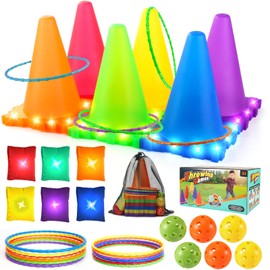 Light Up Throwing Game Outdoor Games for Children, Party Throwing Games, Ring Toss Game, Rings Throwing Game with LED Pylons and LED Bean Bags, Garden Toy Gift for Boys Girls from 3 4 5 6