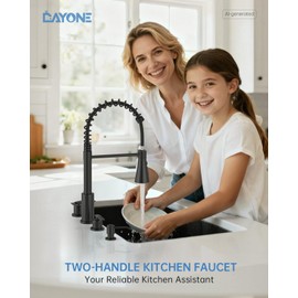 4 Holes Kitchen Faucet Matte Black, Commercial 3 Hole Kitchen Sink Faucet with Soap Dispenser, Modern 2 Handle Stainless Steel Faucet for RV Sink